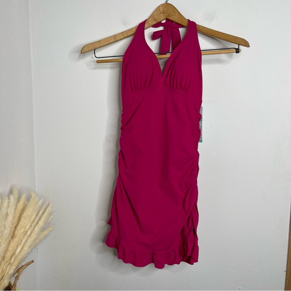 SPANX Love Your Assets Ruffle Halter Swim Dress in Sunset Pink Size S NWT Barbie - Picture 4 of 16